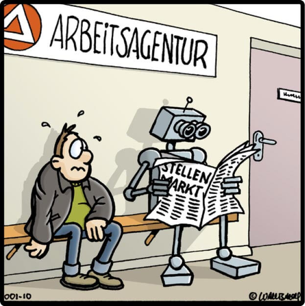 Szene in Arbeitsagentur: Roboter und Mensch warten